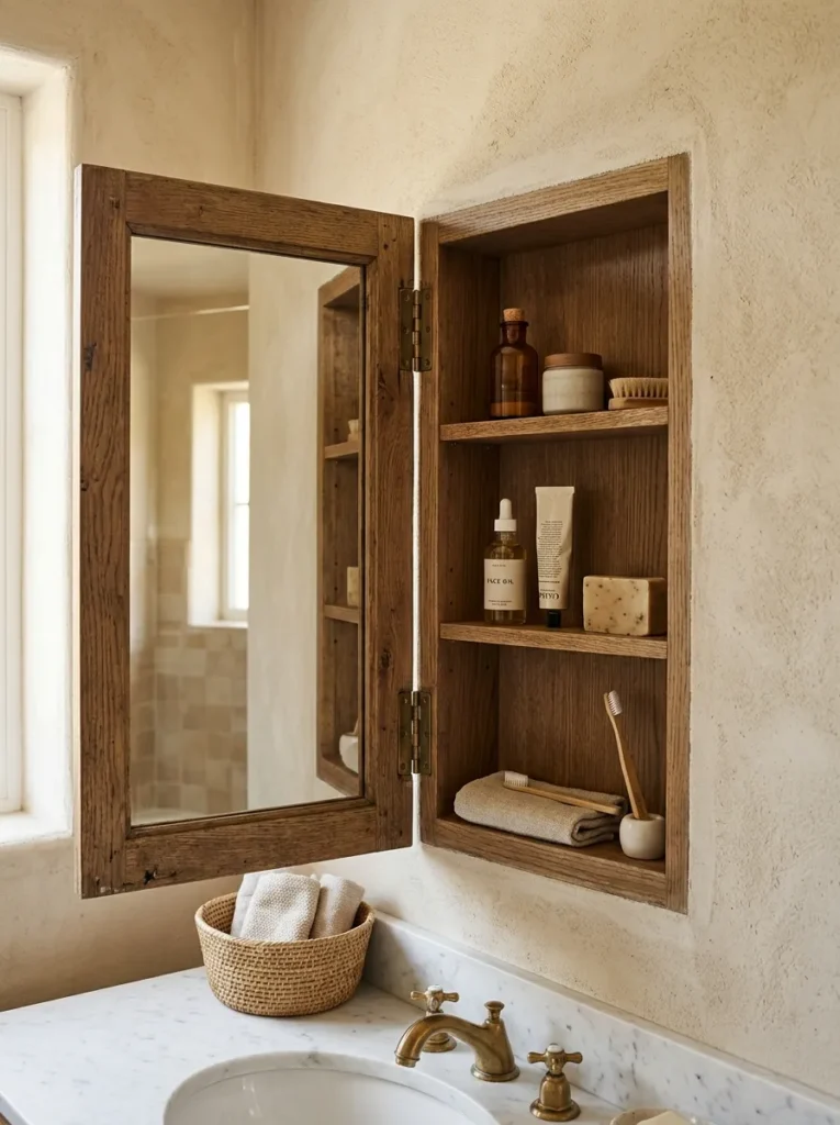 Aged oak framed bathroom mirror swung open to reveal a shallow hidden storage compartment with interior shelves holding toiletries
