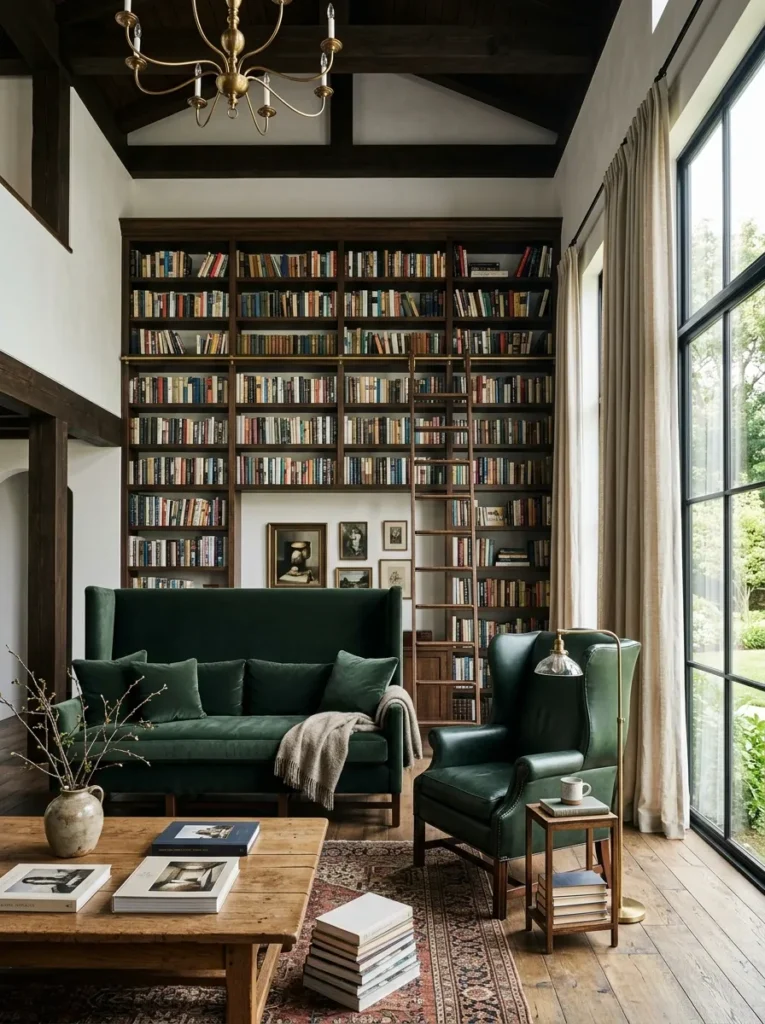 High-ceiling open-plan living room with a tall high-back sofa and full-height built-in bookshelves in correct proportion to the ceiling
