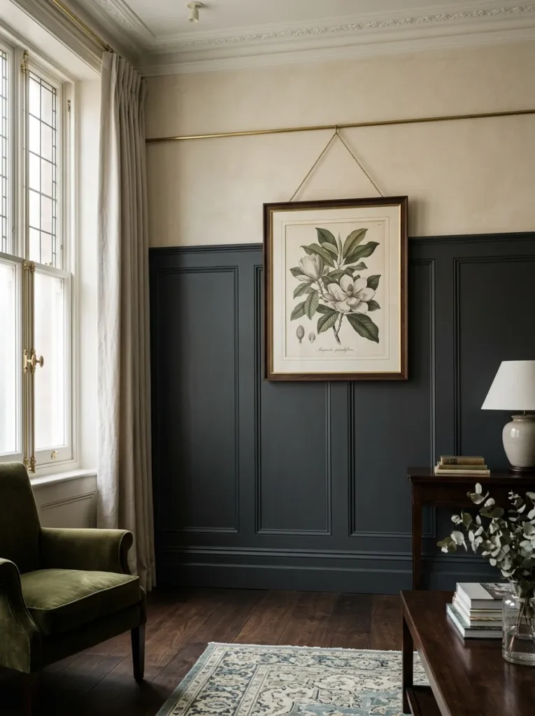 Living room with wainscoting taken to picture-rail height in deep charcoal with warm ivory above