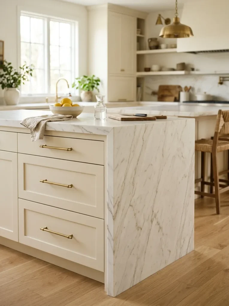 Honed marble waterfall island edge showing 2-inch thickness with warm veining and brass pulls on island base