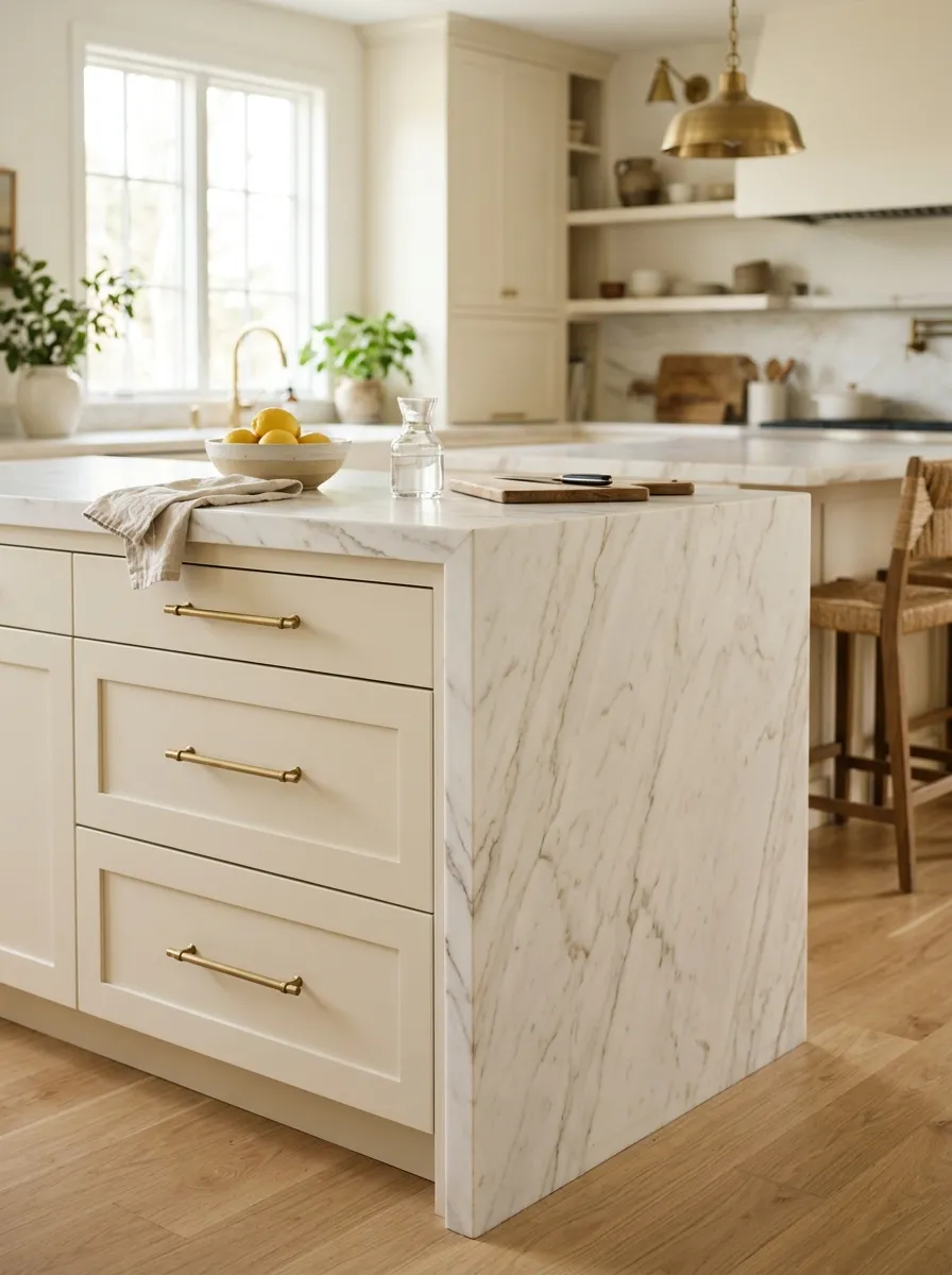 Honed marble waterfall island edge showing 2-inch thickness with warm veining and brass pulls on island base
