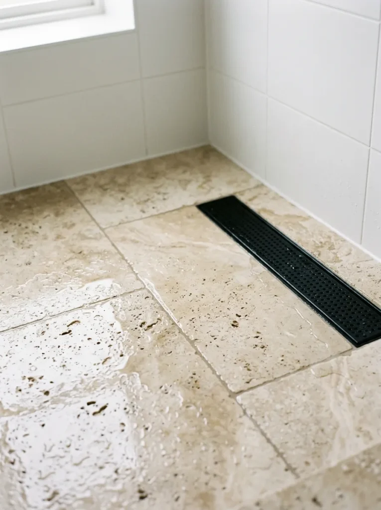 Honed travertine shower floor showing natural pitting and warm cream-beige variation, contrasting with smooth white wall tile above and a matte black drain