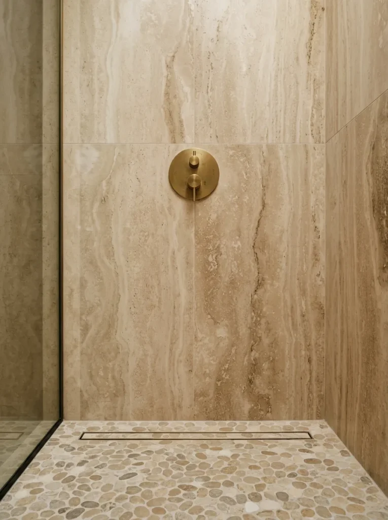 Floor-to-ceiling honed travertine shower wall with natural veining and brushed brass shower fittings, pebble mosaic floor below