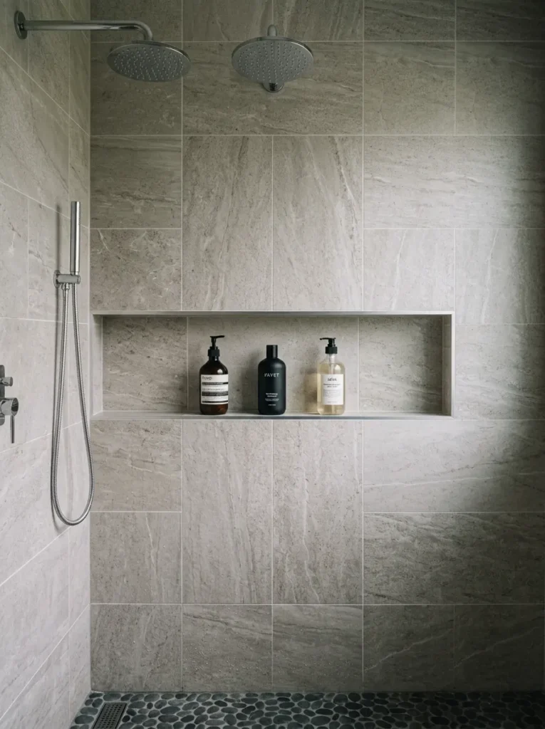 Long horizontal shower niche running 24 inches wide and 6 inches tall tiled to match the surrounding wall with products arranged in a row