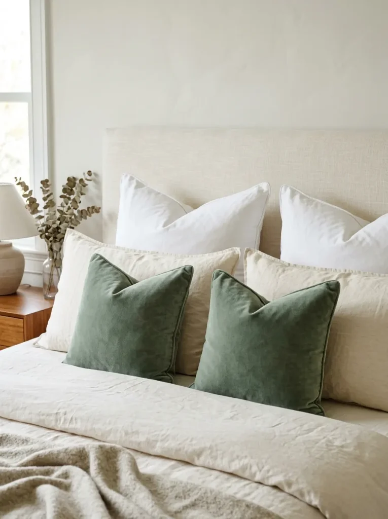Bed showing three cushion layers — white cotton euro pillows, cream linen standard pillows, and small dusty sage velvet accent cushions — in warm daylight