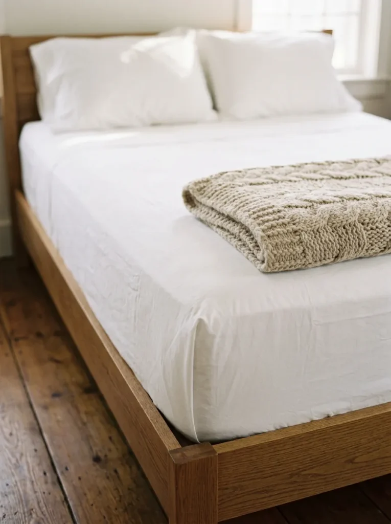 Side-view close-up of a bed with tightly tucked white percale flat sheet, folded white duvet, and oatmeal knit throw at the foot showing three distinct textile layers