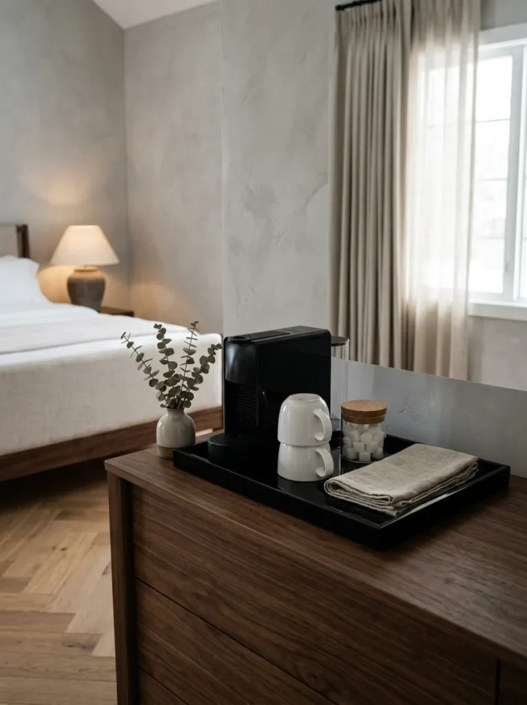 Hotel-style coffee tray on a bedroom dresser with two upturned mugs and a single-serve machine