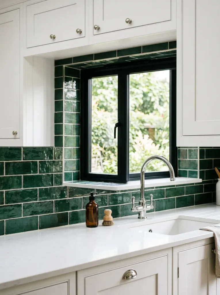 Hunter green handmade subway tile backsplash with natural glaze variation in a white Shaker kitchen
