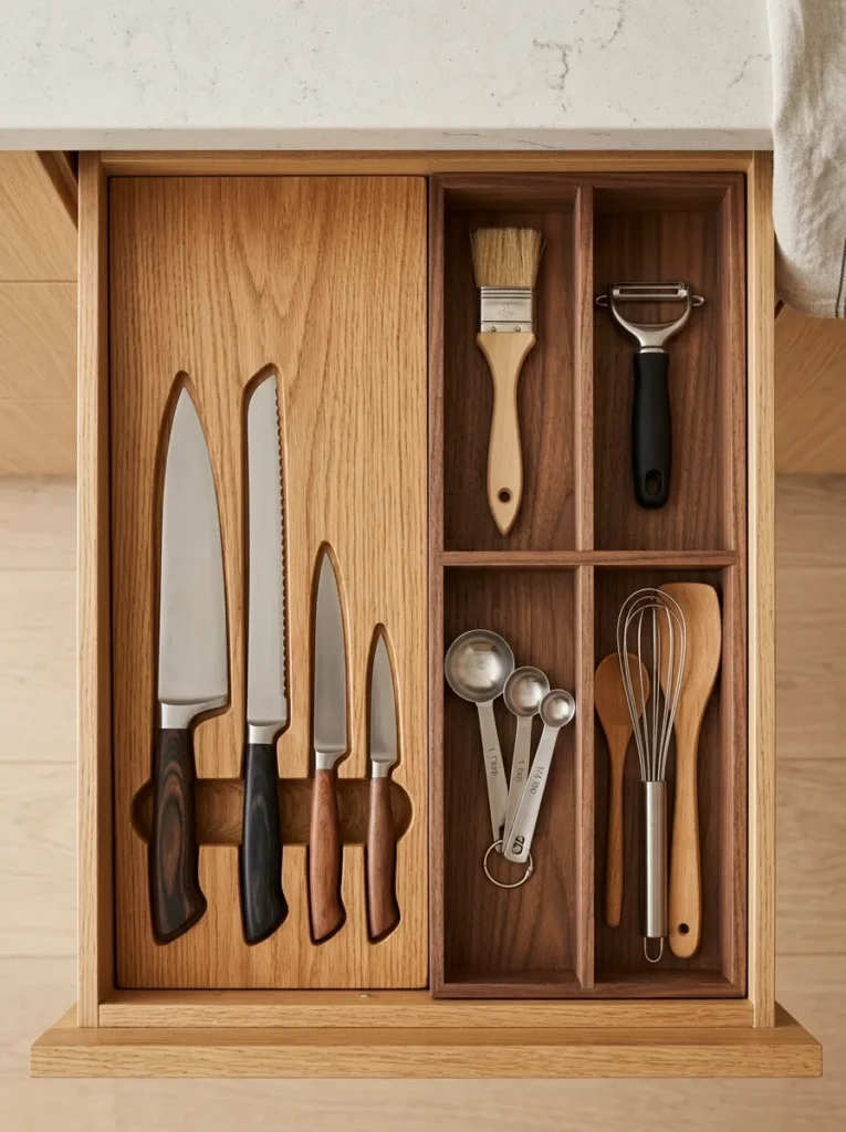 Open kitchen drawer with integrated oak knife block slots on the left and walnut dividers organizing utensils on the right, viewed from above