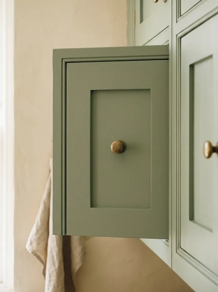 Close detail of sage green in-frame kitchen cabinet door with visible timber frame profile and turned brass knob