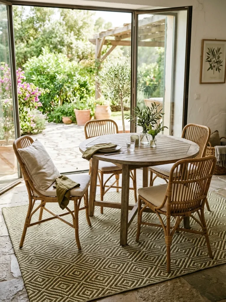 Casual dining room with a flat woven indoor-outdoor rug in olive and cream diamond pattern under a round teak table with rattan chairs
