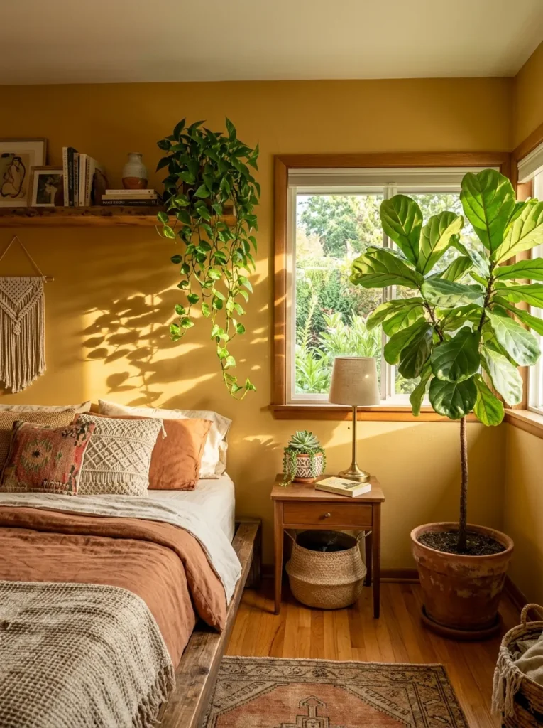 Earthy bedroom with a large fiddle-leaf fig, trailing pothos, and a small succulent adding greenery 
