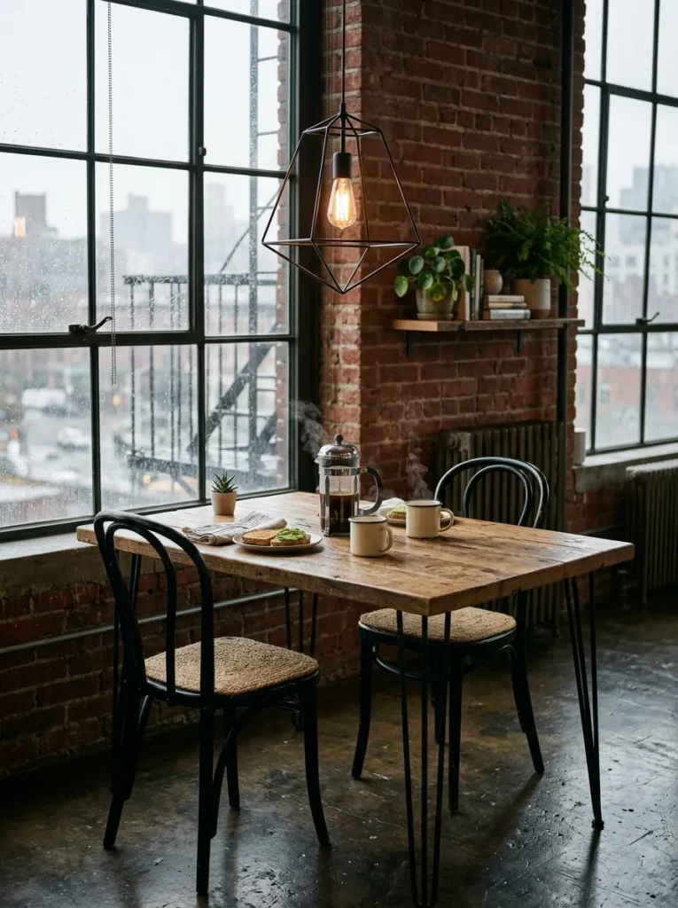 Hairpin-leg reclaimed timber table with matte black steel pendant in an industrial brick-wall Brooklyn loft breakfast corner.