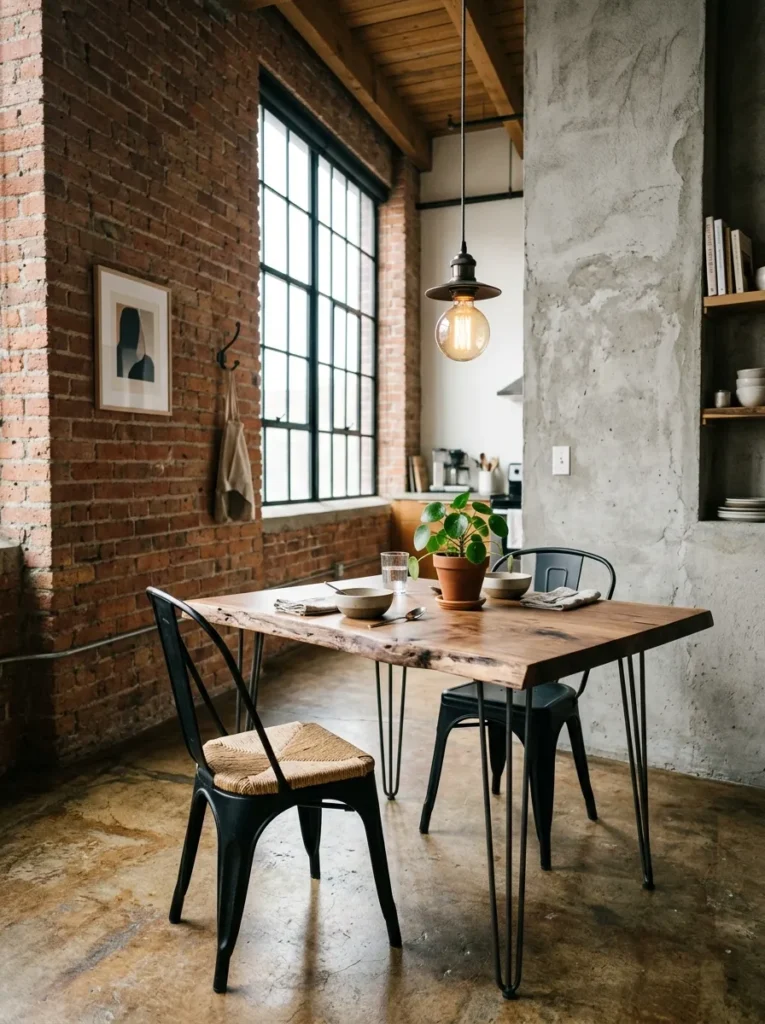 Industrial breakfast nook with a live-edge walnut table, black metal chairs, exposed brick wall, and Edison bulb pendant