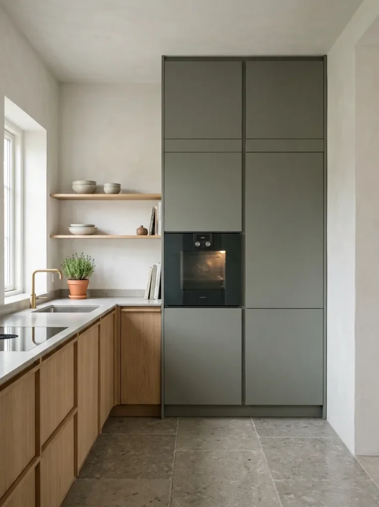 Floor-to-ceiling kitchen cabinet column in matte grey-green with integrated oven and refrigerator flush to the cabinet face
