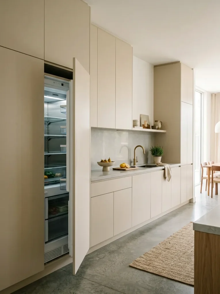Kitchen cabinetry run with panel-matched integrated fridge-freezer door open, all appliances concealed behind matching cabinet fronts