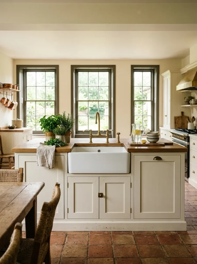 Kitchen island with an integrated farmhouse sink letting the cook face the room while washing