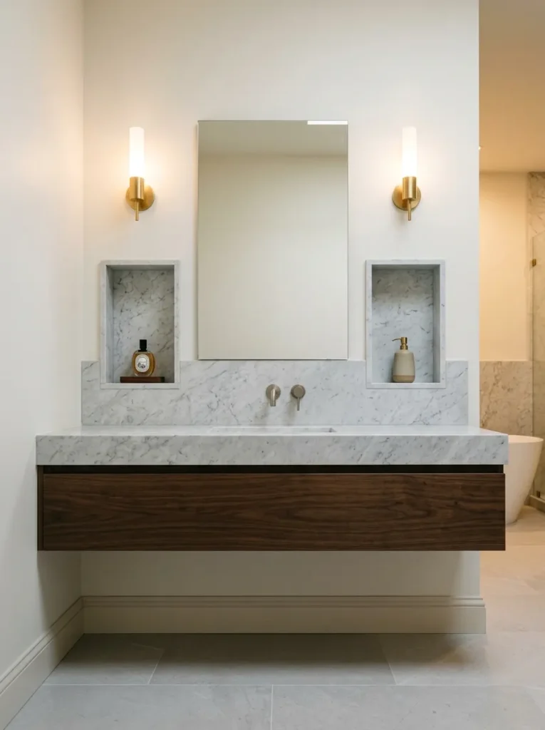 Bathroom vanity wall with built-in open niches keeping the counter surface completely clear