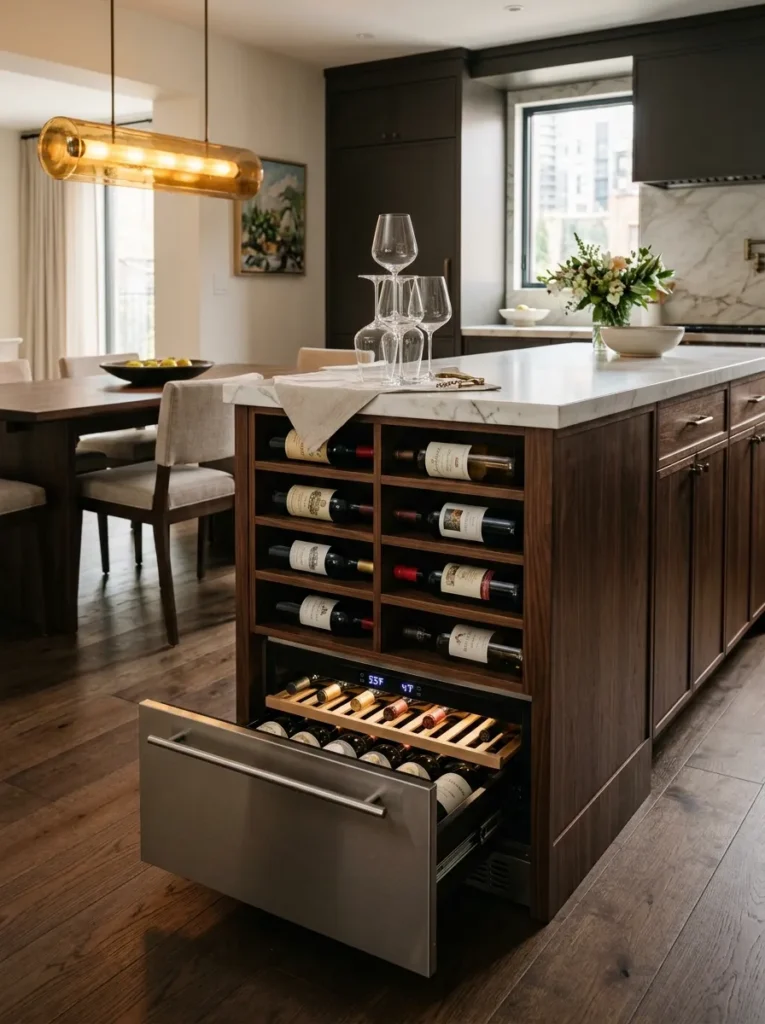 Kitchen island with built-in wine bottle cubbies on one end and a wine drawer below