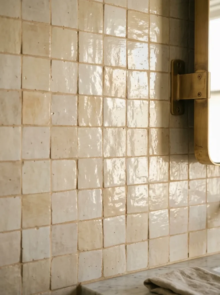 Warm ivory zellige tile bathroom feature wall with tonal surface variation and irregular glaze, catching afternoon light