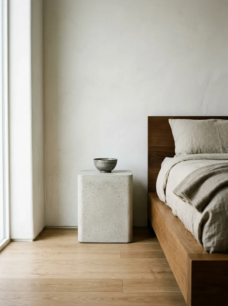 Pale concrete side table with honed surface beside a low oak platform bed in a Japandi-styled bedroom corner
