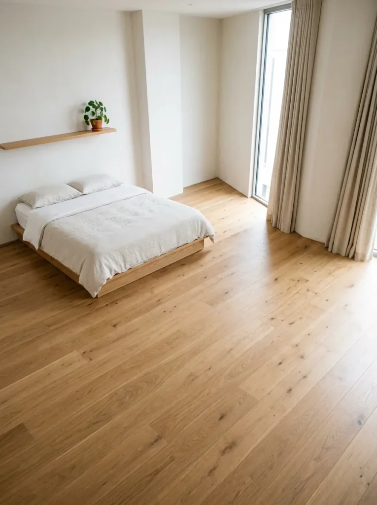 Wide-angle overhead view of a Japandi bedroom with intentional empty floor space and minimal furniture, in even midday light

