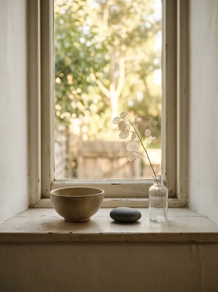 Narrowly styled shelf with one ceramic bowl, one stone, and one dried stem, with intentional empty space on either side
