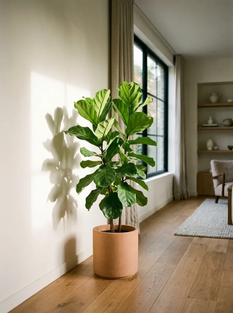 Tall Ficus lyrata in an unglazed ceramic pot placed in a Japandi bedroom corner, lit by afternoon window light
