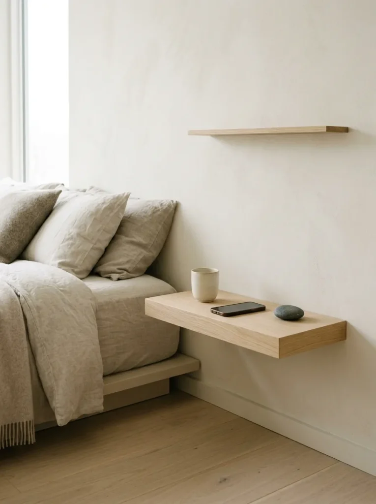 Wall-mounted pale oak shelf at bedside height with a ceramic cup and smooth stone, beside a low platform bed
