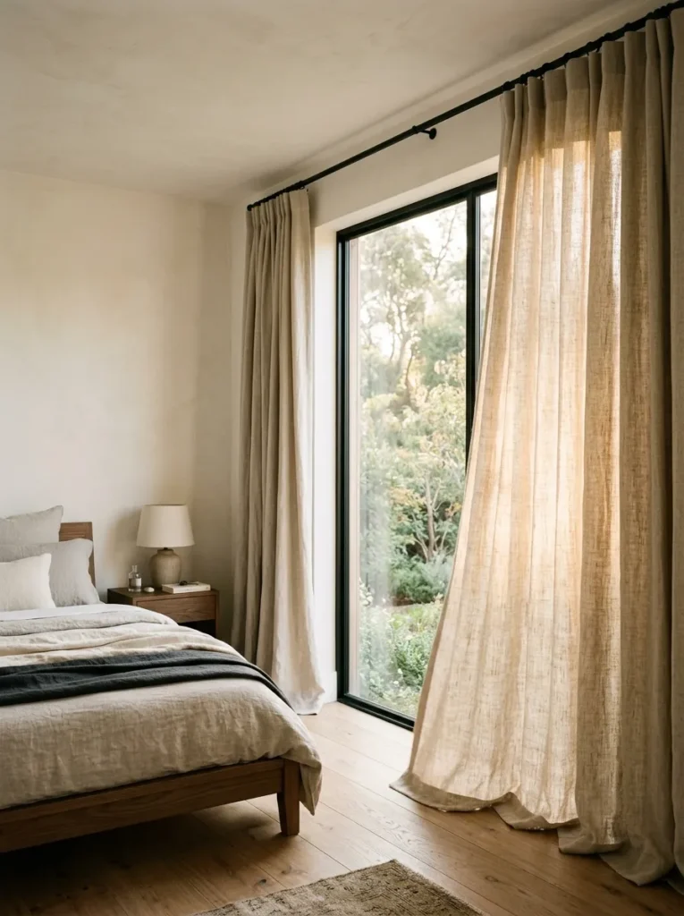 Oatmeal linen curtains hung from ceiling to floor with a slight pool on the timber floor, in soft morning light
