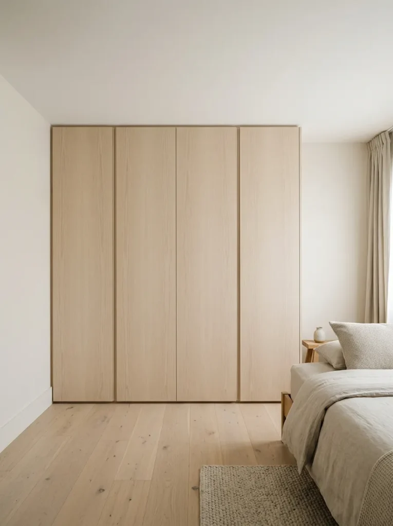 Full-height push-to-open ash wardrobe doors flush to ceiling in a compact Japandi bedroom with no visible handles
