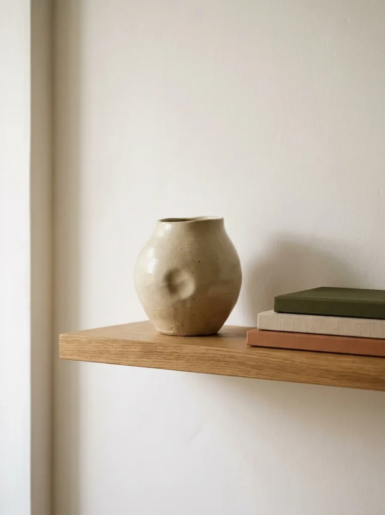 Single handmade ceramic vessel on a narrow oak shelf with three books, in warm diffused light against a white wall
