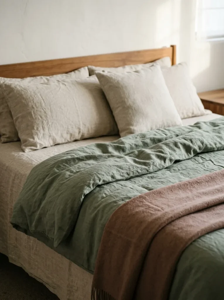 Close view of Japandi bed styled with oatmeal linen sheet, sage linen duvet, and dusty clay wool throw in natural morning light
