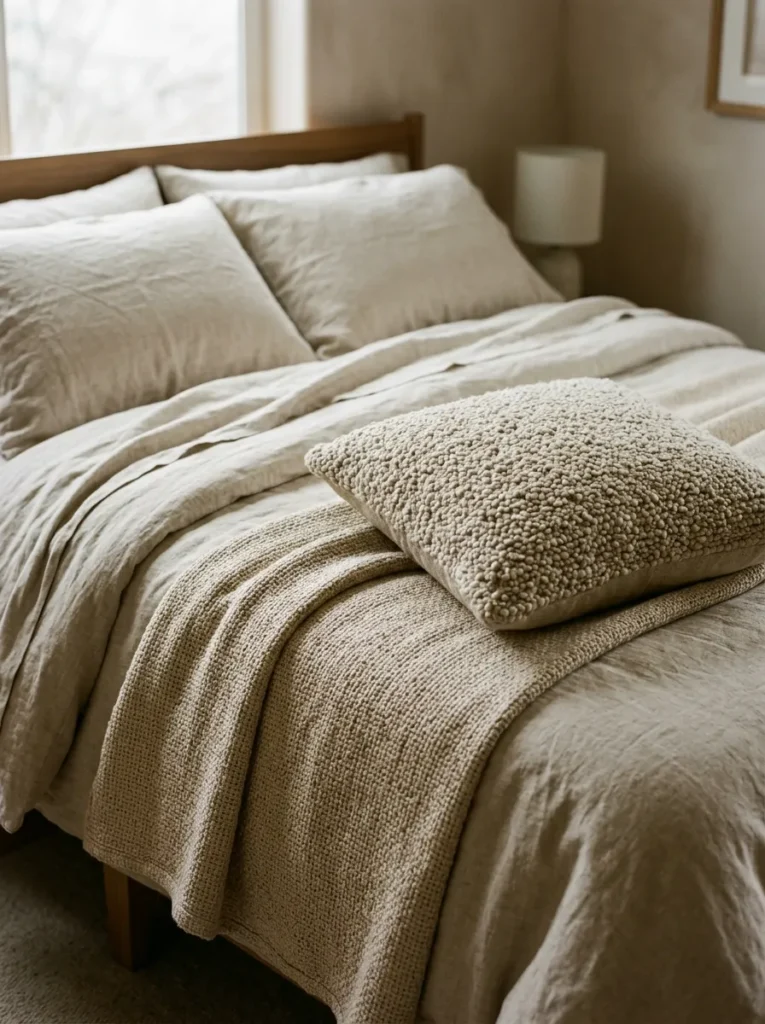 Japandi bed layered with fine linen, cotton throw, and boucle cushion in the same neutral tone, showing texture variation
