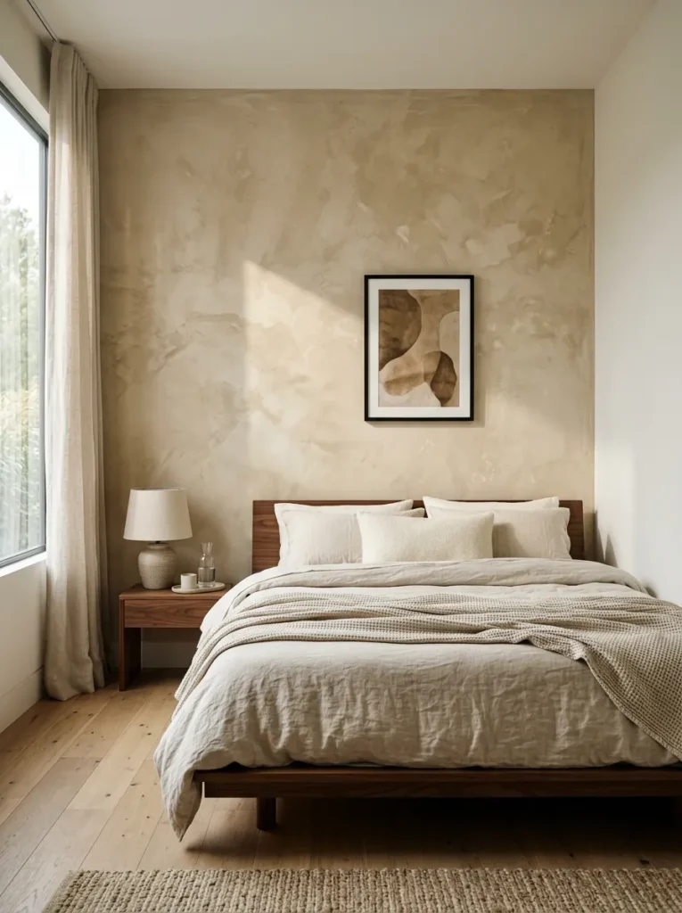 Sandy limewash wall behind a low walnut bed in a Japandi bedroom, with morning raking light revealing the uneven plaster texture

