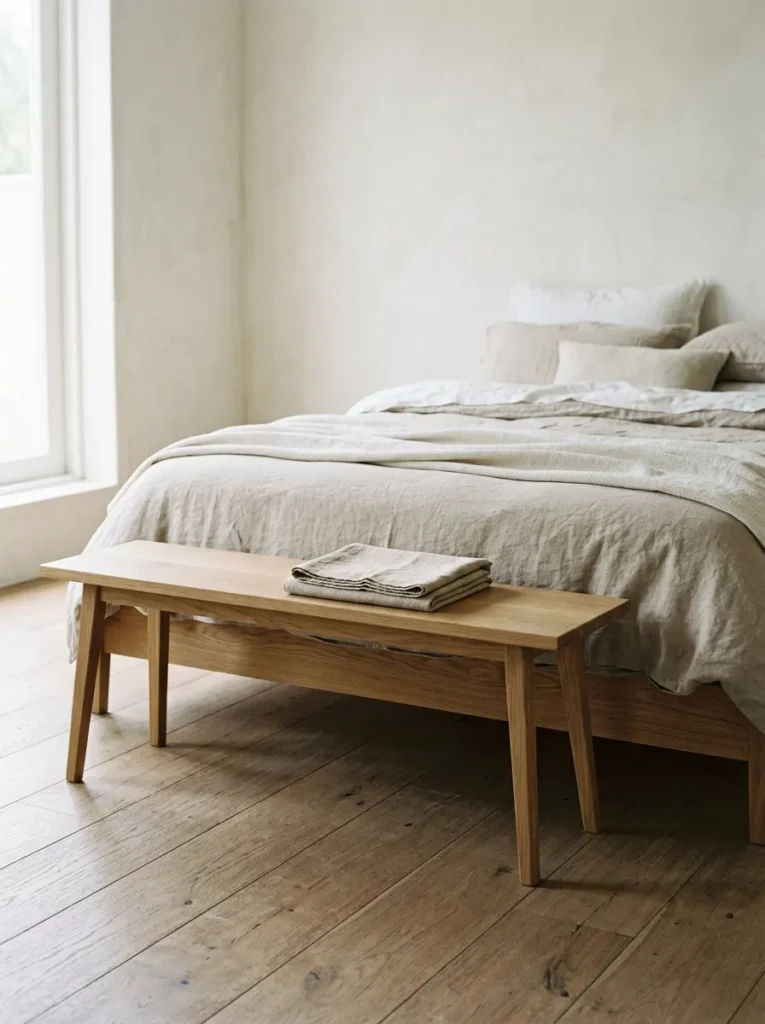 Low solid oak bench at the foot of a Japandi platform bed, with a single folded linen cloth on the seat
