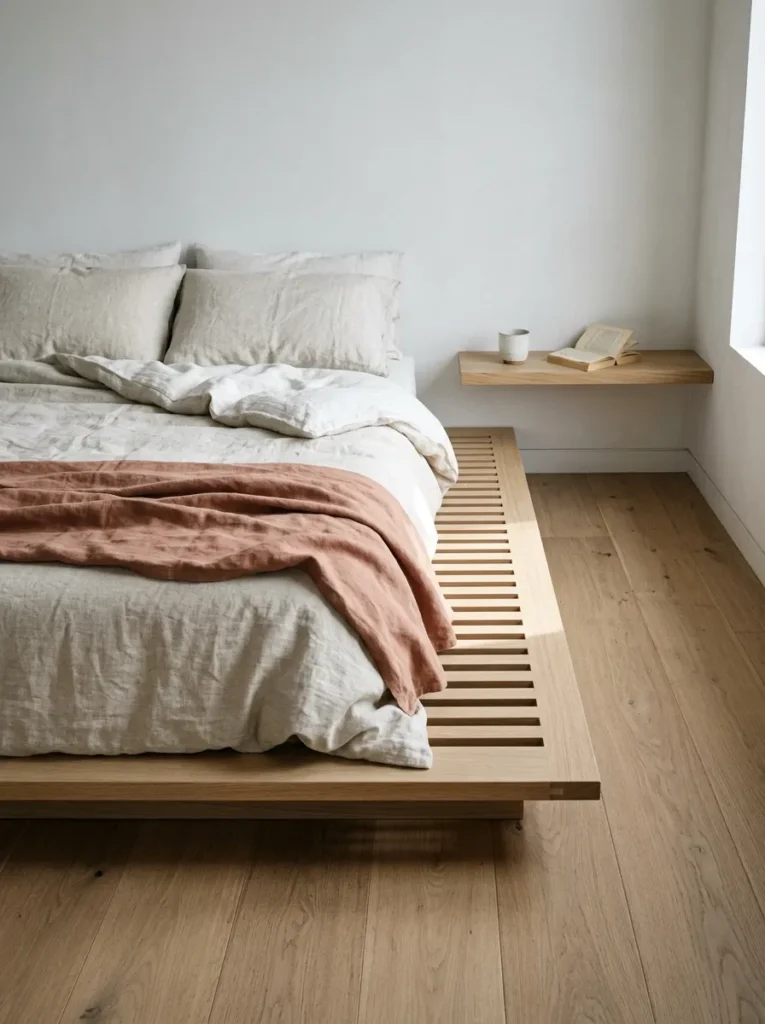 Low pale oak platform bed with slatted base, undyed linen bedding, and a narrow floating shelf in a minimal bedroom
