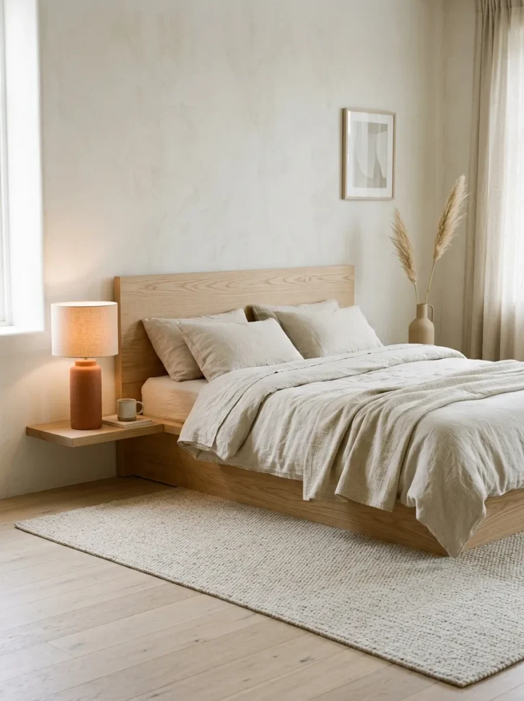 Japandi bedroom with ash platform bed, natural linen bedding, and a terracotta ceramic lamp as the single warm accent