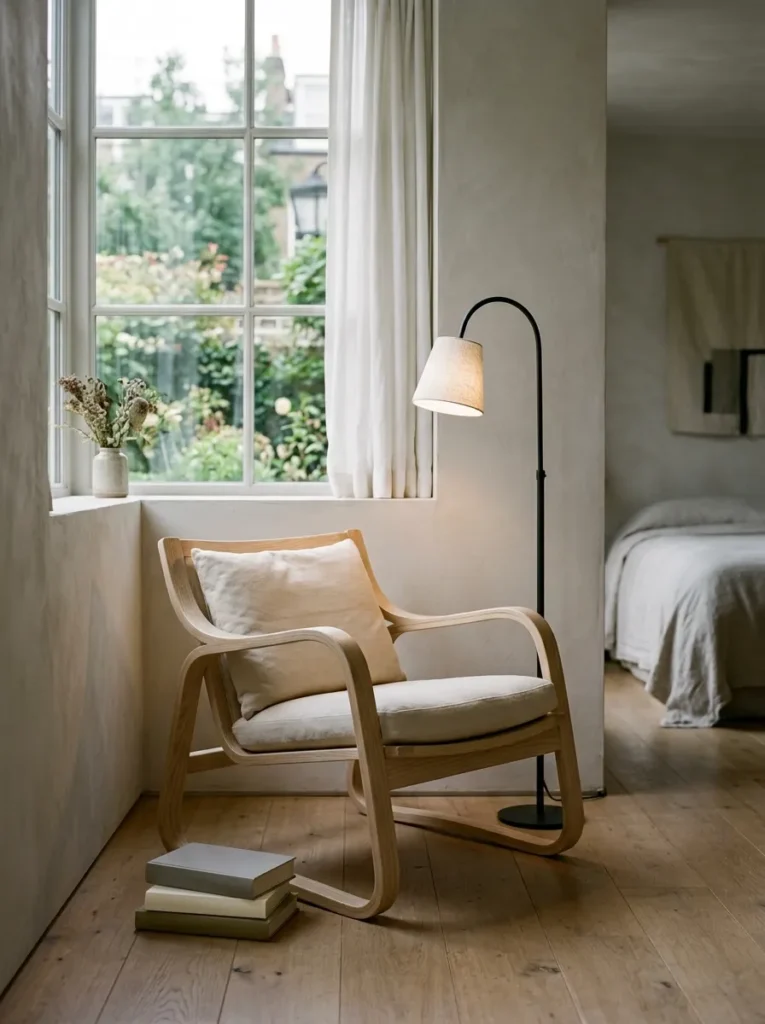 Low bent-wood armchair and slim arc floor lamp in a Japandi bedroom reading corner, lit by late afternoon window light
