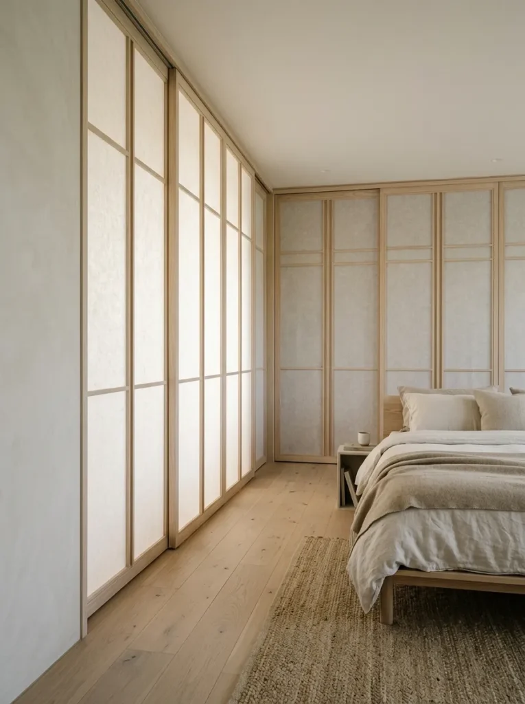 Full-height shoji-inspired sliding timber panels with washi paper diffusing light in a Japandi bedroom

