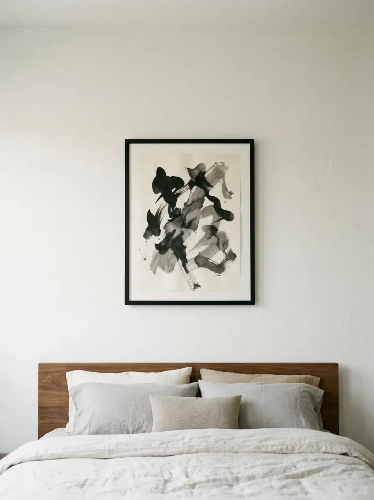 Single framed ink wash painting hung lower than standard height above a low walnut bed in a minimal Japandi bedroom
