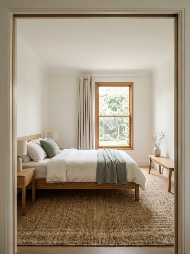 Full Japandi bedroom in three tones: warm white walls, oak furniture, and dusty sage textiles in midday daylight
