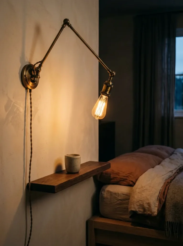 Aged brass articulated wall sconce mounted above a narrow floating shelf in a Japandi bedroom, lit for evening reading
