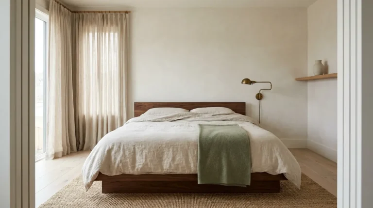 Japandi bedroom with low walnut platform bed, oatmeal linen bedding, limewash wall, and ceiling-high linen curtains in diffused morning light