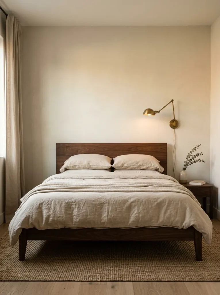 Japandi bedroom with creamy greige walls, low walnut bed frame, and aged brass sconce in warm afternoon light
