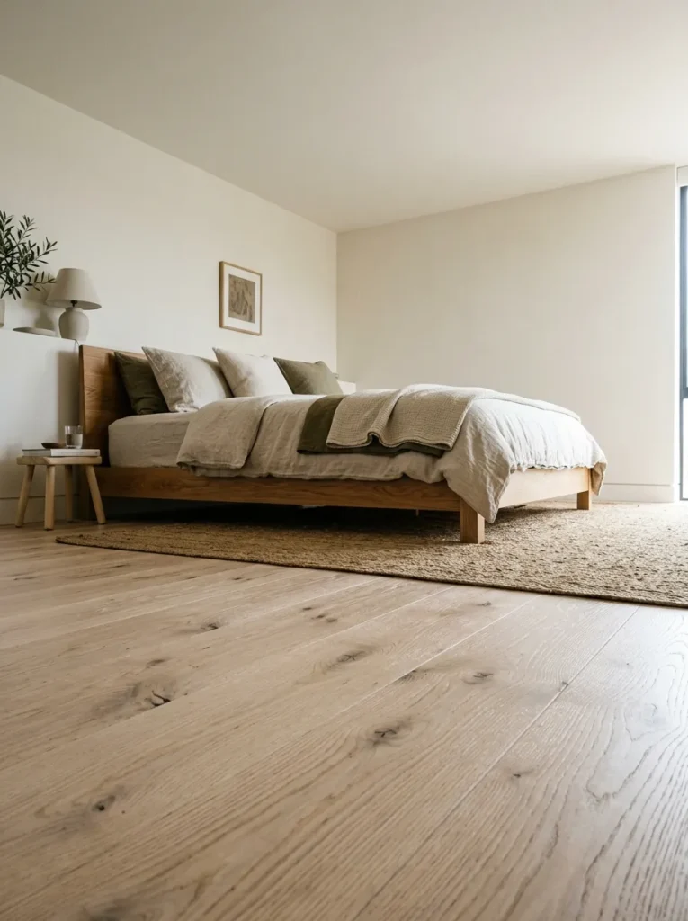 Wide-plank pale ash flooring with matte finish and a natural jute area rug extending beneath a low platform bed
