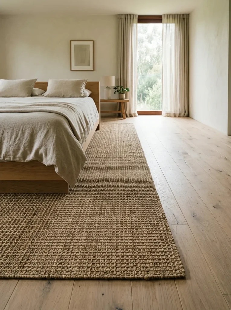 Rectangular woven sea-grass mat beneath a low platform bed, leaving exposed timber flooring on all sides in a Japandi bedroom
