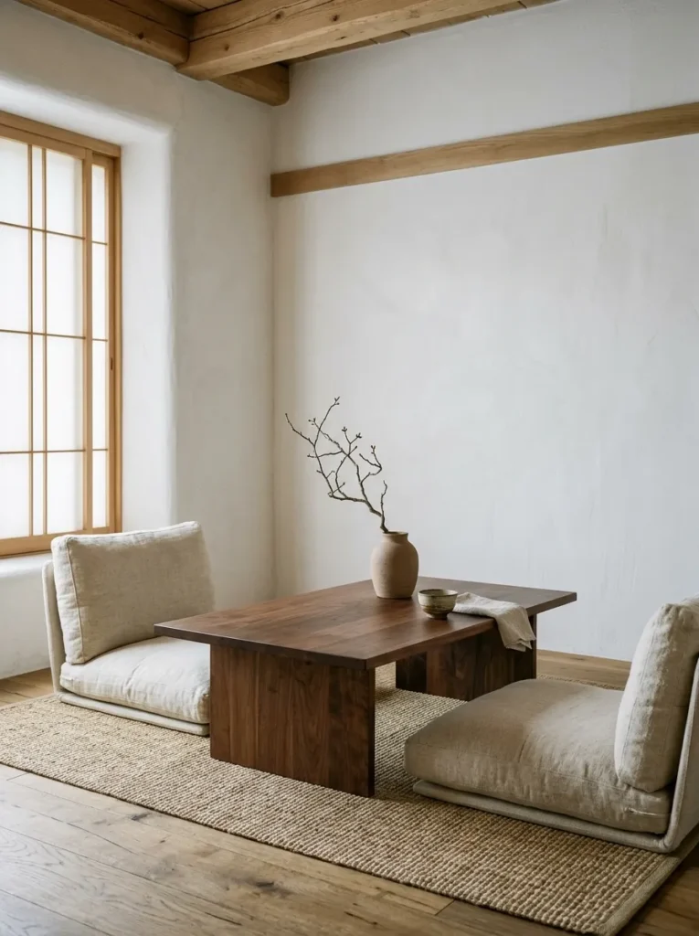 Japandi-style low breakfast nook with an oiled walnut table, undyed floor cushions, and white plastered walls