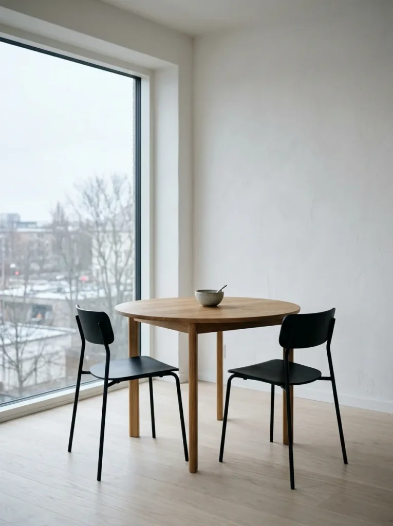Japandi minimalist apartment dining room with a small oak table, two black chairs, and empty walls