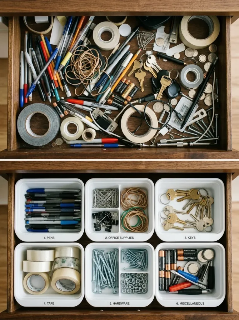 Before-and-after comparison of a junk drawer — chaotic mixed contents above, six matching bins with organized categories below